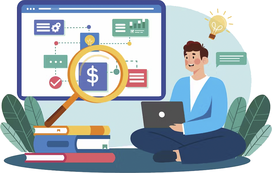 Illustration représentant un homme expliquant des fonctionnalités à une cliente